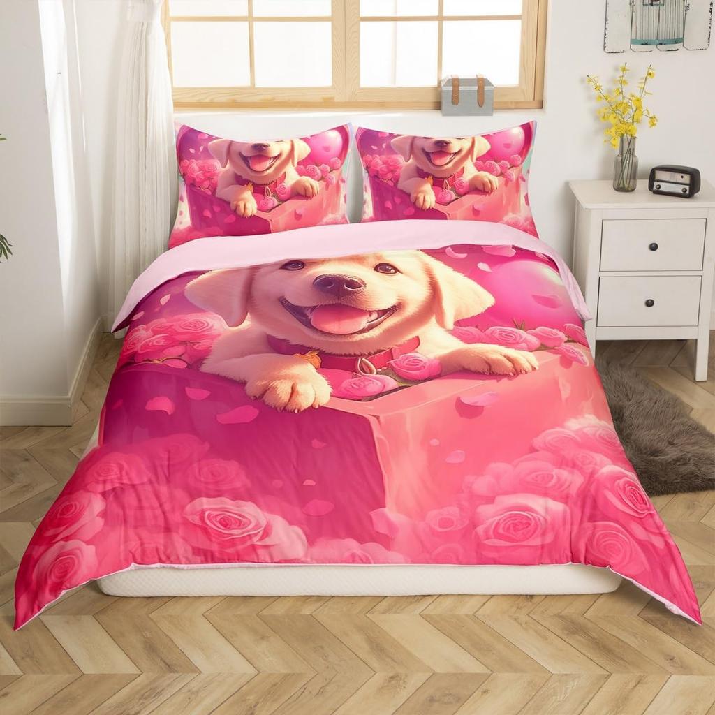 Cartoon Penguin Bedding Set Romantic Balloon Valentine's Day Comforter Cover Groovy Roses Flower Duvet Cover for Couple Lovers
