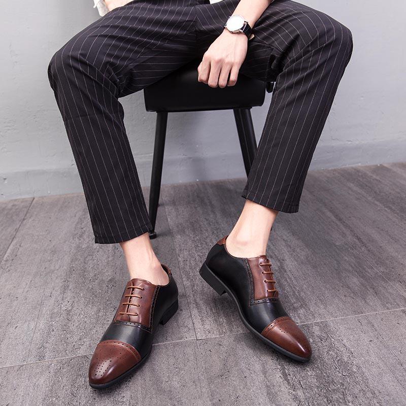 New Men Block Shoes PU Breathable Lace up Business Office Dress Shoes Italian Handmade Leather Shoe Size 38-48 Men Shoes