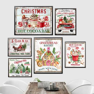 Kitchen Christmas Wall Art Print Hot Chocolate, Candyland Express, Gingerbread Bakery Sign Poster Vintage Canvas Painting Decor
