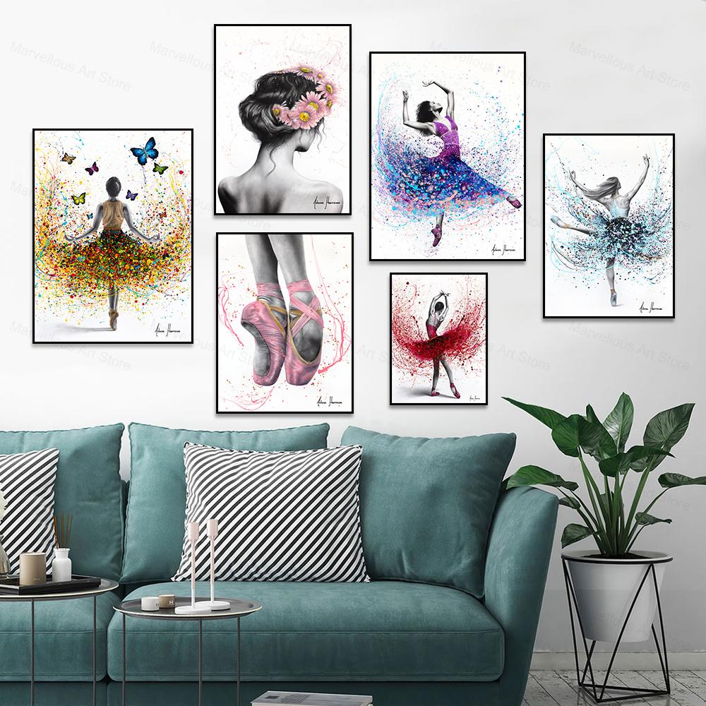 Beautiful Ballet Dancer Canvas Poster Prints Abstract Butterfly Flower Watercolor Canvas Painting Wall Art Pictures Home Decor