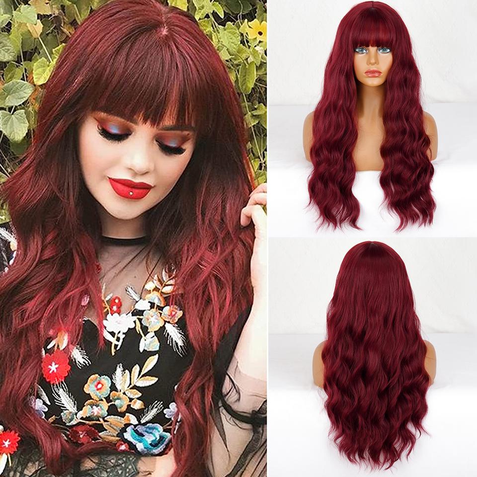 XINRAN Women Long Wavy Wig with Bangs Synthetic Fiber Natural Water Wave Black Long Wig for Daily Wear Cosplay
