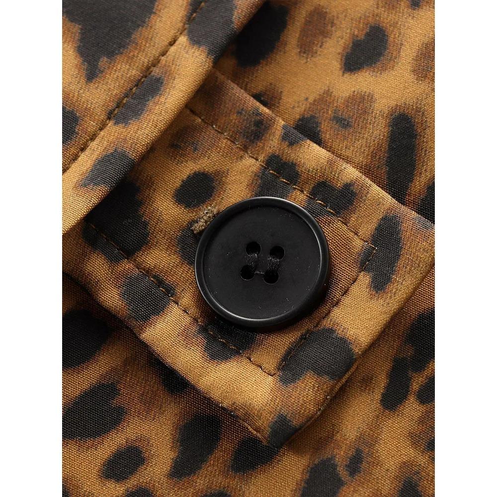 Spring and Autumn New Women's Fashion Leopard Print Coat Long Sleeves Hidden Buckle Lapel Overcoat Pocket Vintage Street Windbreaker