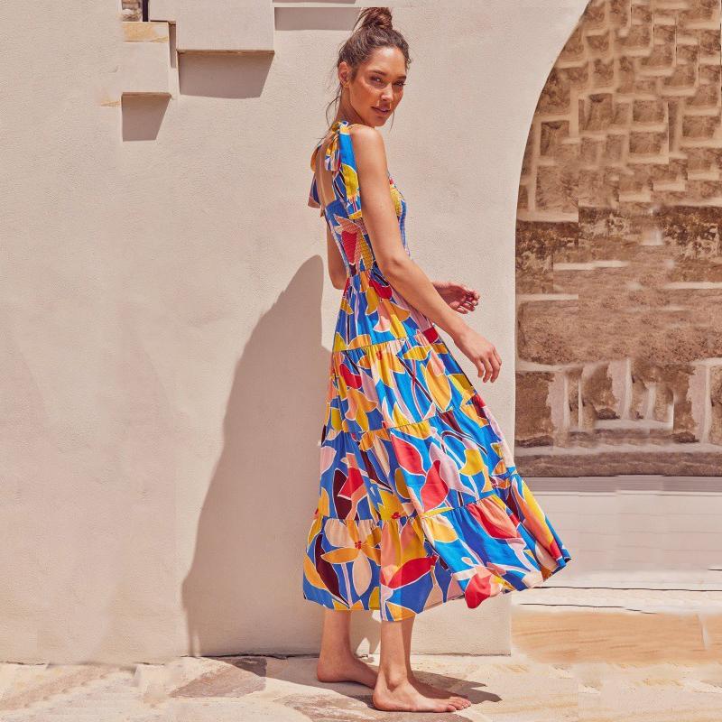 Vestido longo com estampa floral para mulheres, decote quadrado, cintura alta, sem mangas, vestido longo de verão, férias, praia, vestido respirável, fino, macio e confortável