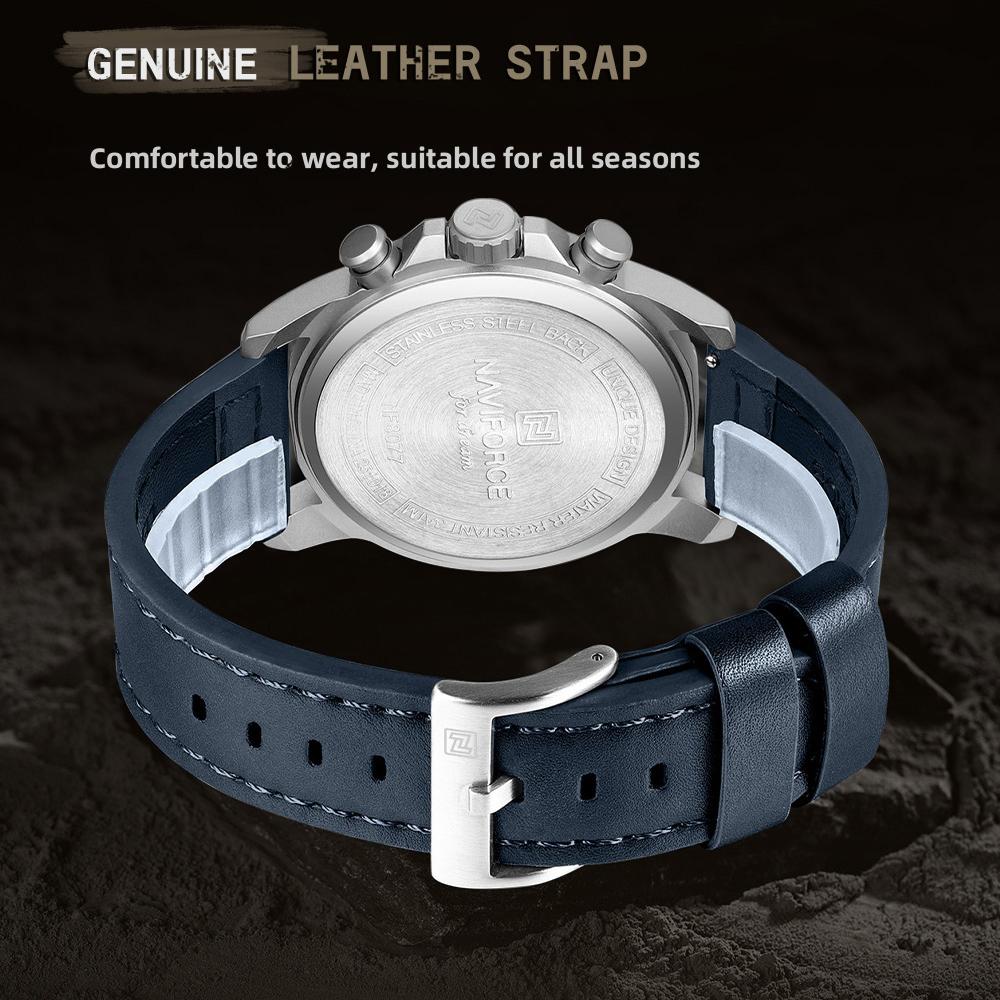 NAVIFORCE Original Men Quartz Watch Chronograph Mini Dial Calendar Date Leather Strap Luminous Hands 30m Waterproof Men Watch Gift NF8077