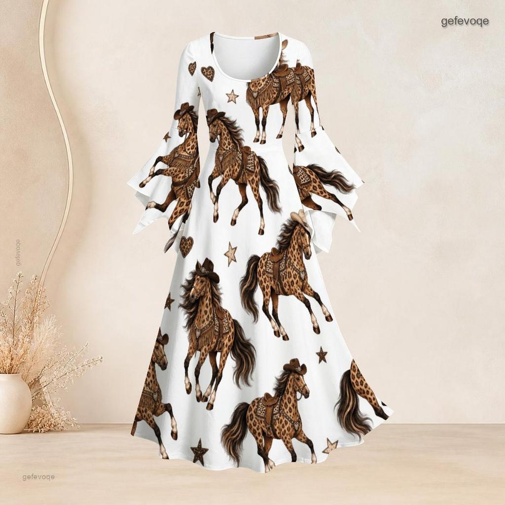Women Plus Size U Neck Bell Sleeve White Crown Leopard Print Maxi Dress
