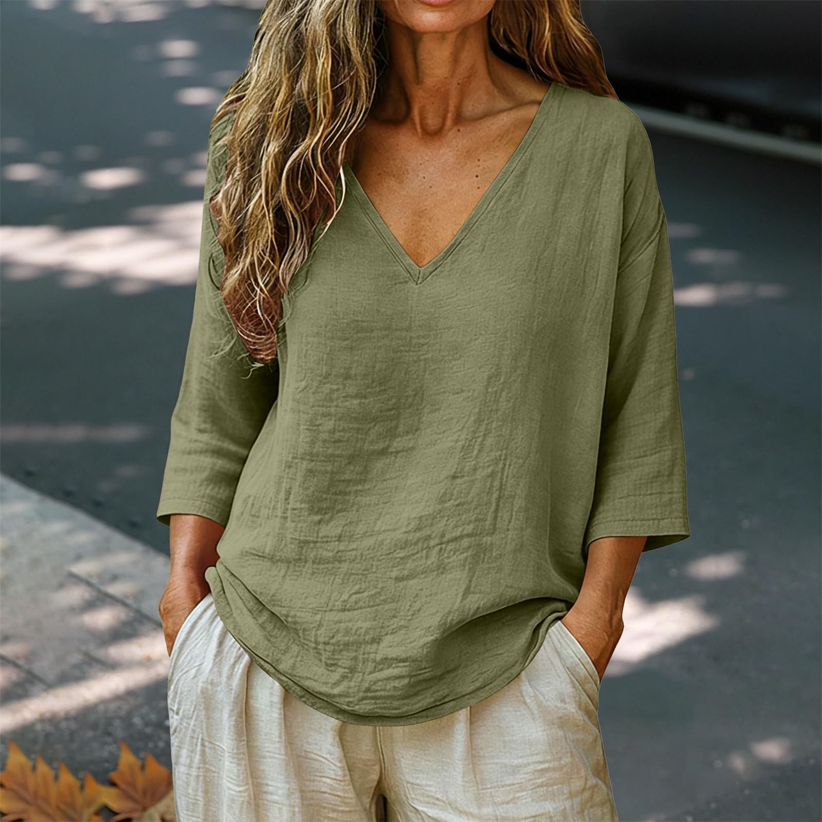 

Women s Fashionable Loose-Fit -Color Cotton-Linen V-Neck Casual Blouse L армия зеленый