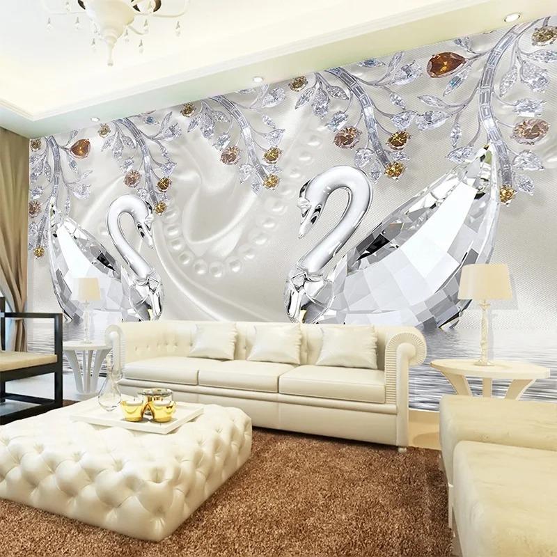 Carta da parati fotografica 3d Stereo Cristallo Diamante Lago dei Cigni Romantico Bello Gioielli Murale da Parete Stile Europeo Carta da Parati 3d Decoro
