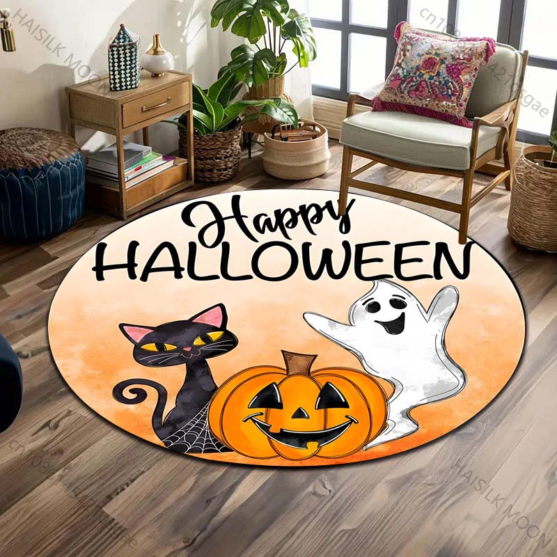 Pumpkin Head Bat Castle Halloween Round Carpet Floor Mat Suitable for Children's Bedroom Decor Living Room Round Rugs for Gifts