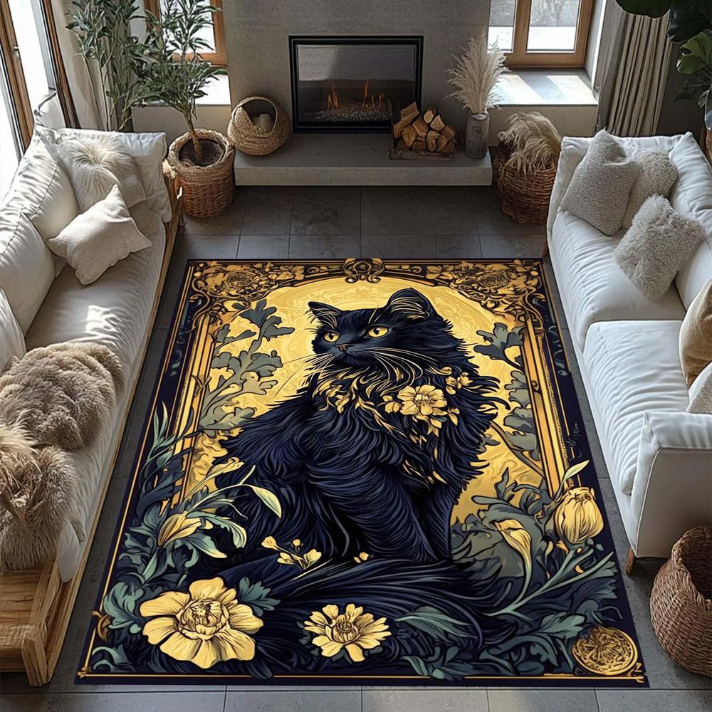 Vintage Zwarte Kat Print Vloerkleed, Art Nouveau Bloemen Halloween Vloermat voor Woonkamer Slaapkamer Speelkamer Studentenkamer Huisdecoratie