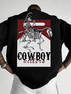 Unisex T-shirt med dödskalle- och bokstavstryck, rundhalsad, lämplig för alla årstider, grafiskt T-shirt, kläder i västernstil, retro grafiskt unisex-T-shirt.