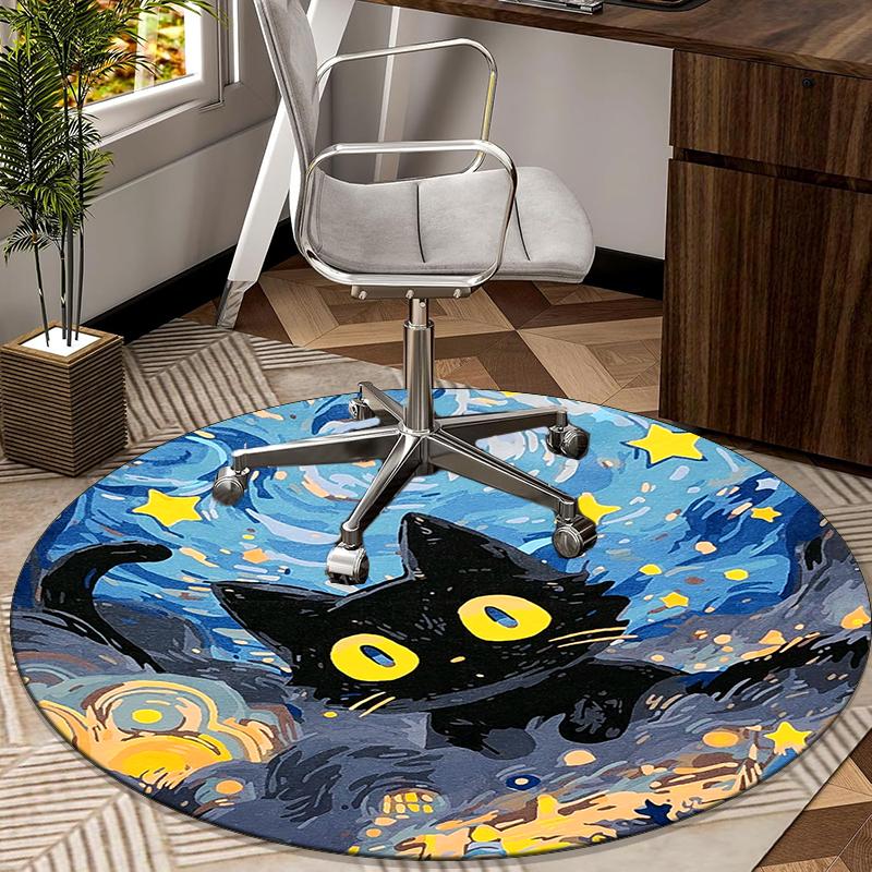 Starry Night Cat Round Carpet Chair Cushion Round Entryway Rug, Soft Round Rugs for Living Room, Bedroom, Circle Carpet Decor Gifts