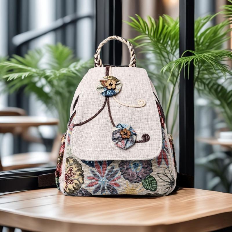 

Рюкзак в ретро этническом стиле с вышивкой в виде цветов, большой вместимости для художественных путешествий бежевый