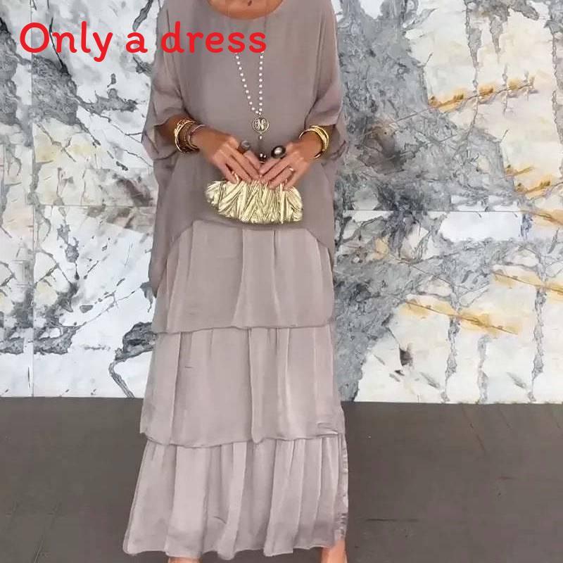 Polyester Chiffon Batwing Sleeve Long Dress With Ruffle And Loose Waist For Spring Fashion