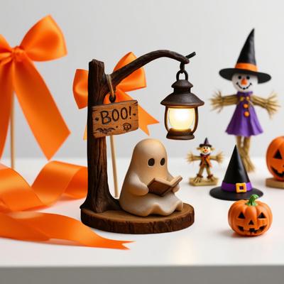 Ghost Reading Street Lamp 3D Resin Halloween Ghost Night Light LED Ghost Reading Book Table Lamp with Warm Light for Bedroom Study Living Room Indoor