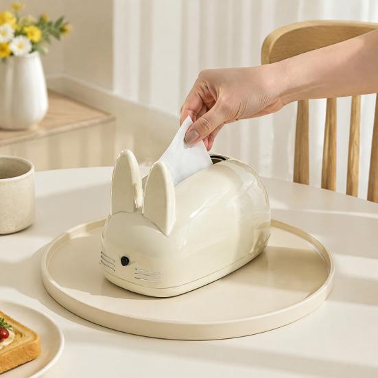 Practical Household Tissue Holder Cute Rabbit Shape Box, Decorative Plastic Facial Dispenser, Round Bunny Ear Box Cream Style Napkin Case for