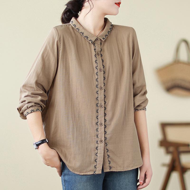 Women's Artistic Retro Embroidered Cotton Linen Shirt - Loose Casual Top for Spring 2026 Arrival