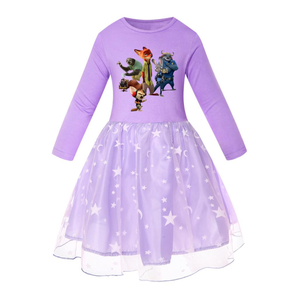 Rochie Casual din Bumbac cu Mâneci Scurte pentru Fete, cu Imprimeu Vulpe Iepure, Plasă Curcubeu, Gât Rotund