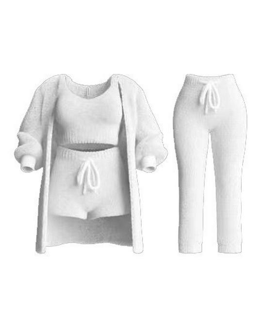 2026 Autumn/Winter Knit Plush Long-Sleeve Jacket, Vest, Shorts, and Three-Piece Set