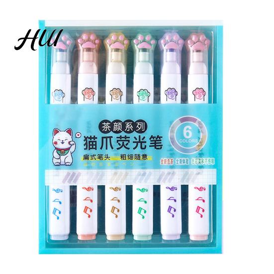 Highlighter Set 6Pcs/Set Cat Paw Color Chisel Top Portable No Bleed Quick Kids Highlighters Drying Students Fluorescent Marker Pen School Office