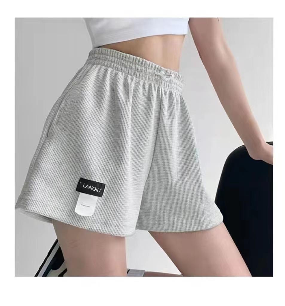 Waffle Shorts, Loose Sports Shorts Women's Elastic Waist Wide Leg Hot Pants Casual Skinny High Waist Straight Home