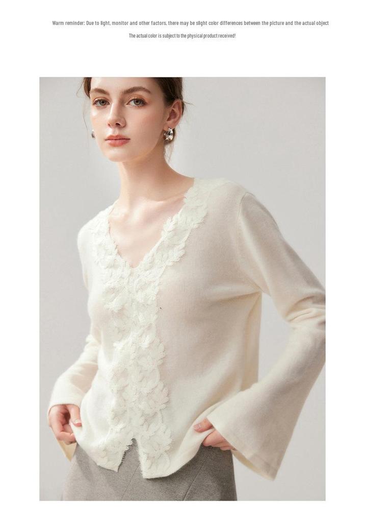 Women's V-Neck Bell Sleeve Cashmere Cardigan - Handmade Crochet Lace, Single-Breasted, Warm Autumn/Winter Layer