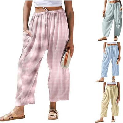 Women Plaid Wide Leg Pants High Waist Drawstring Elastic Waist Casual Loose Fit Cropped Trousers