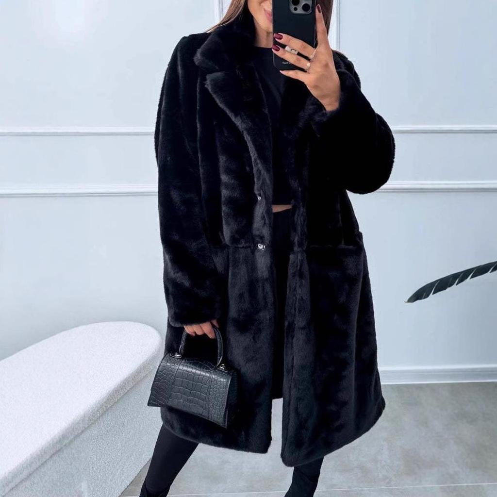 2024 Herbst/Winter Europäischer & Amerikanischer Lockerer Einfarbiger Plüschtaschen Langmantel