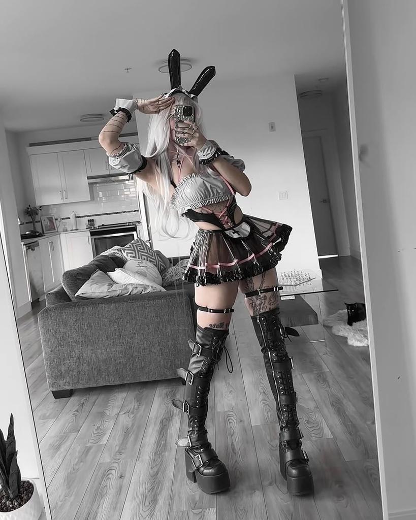 Bunny Maid Costume Black Premium PU Leather Sexy Lingerie for Bunny Cosplay Halloween Sexy Bunny Costume [KORURACLUB] (7-Piece Set) Women, Maid-Style