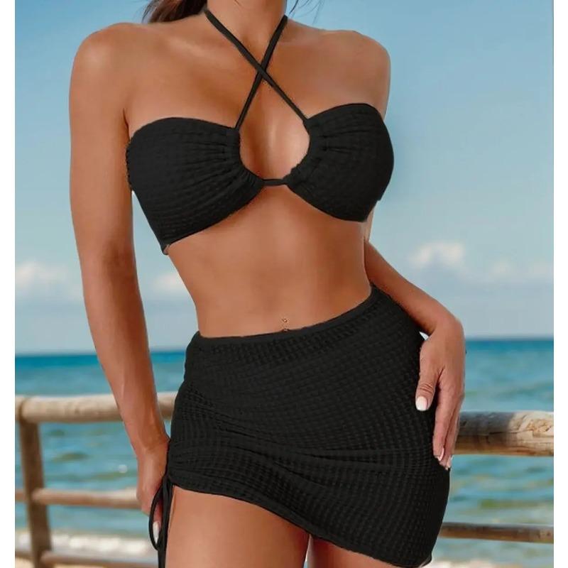 3 Piece Bikini Suit Beige Color Sexy Hang neck Swimwear Female Side Draw rope Skirt Women Beach suit