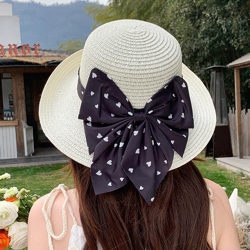 Summer Bow Sun Hat Female, Seaside Beach Vacation Sun Hat Outdoor Big Brim Sun Hat Sweet Straw Hat