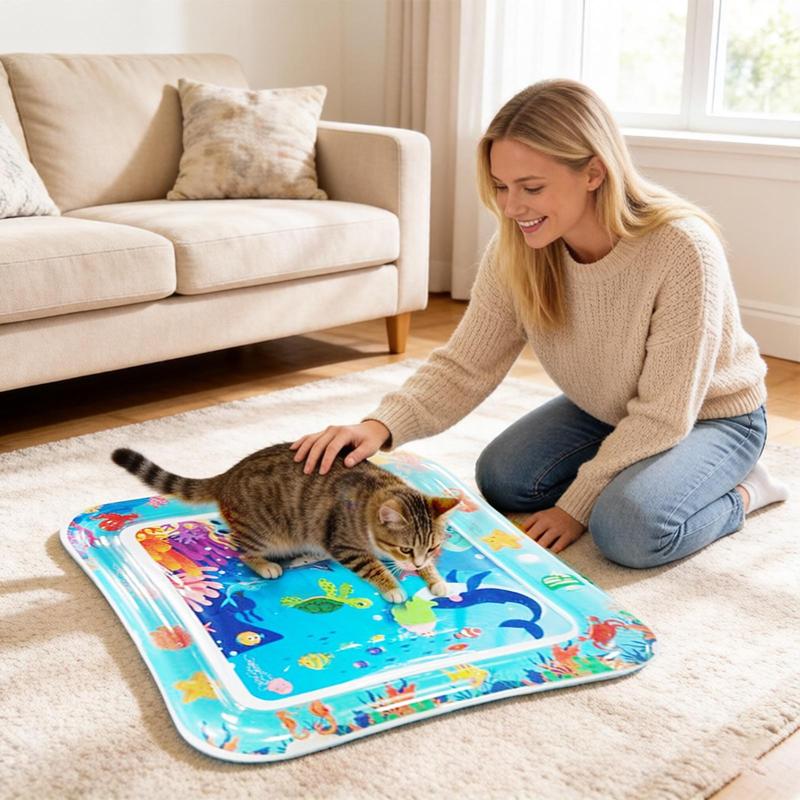 Cat Water Mat Inflatable Cooling Play Pad with Interactive Fish Toy Anti-Scratch Thickened Mat for Cats Dogs Summer Indoor Floor