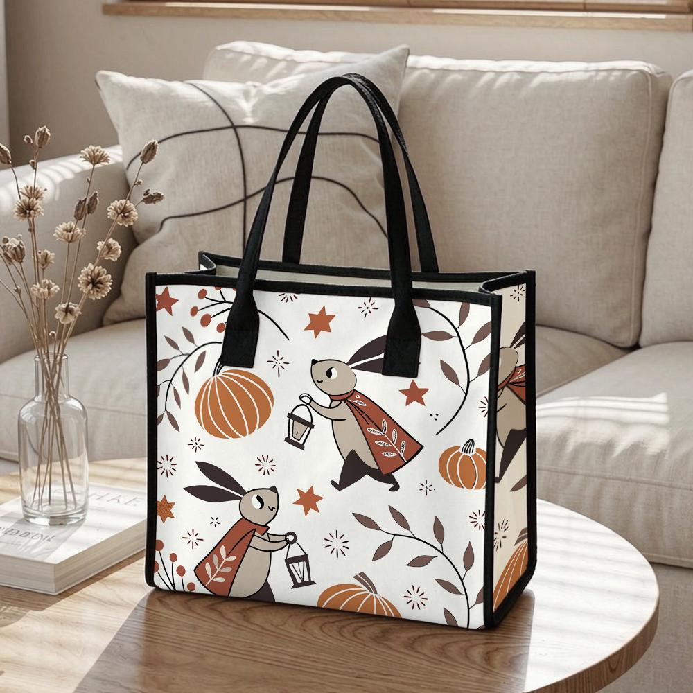 Cute Rabbit Pumpkin Printed Tote Bag Casual Large Capacity Portable Shopping Handbag for Daily Use