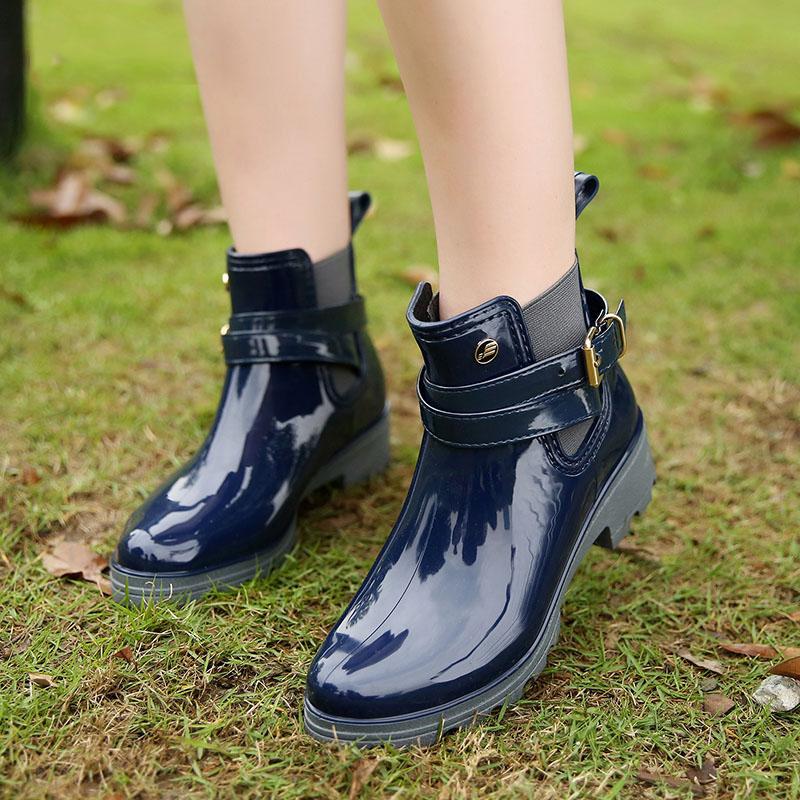 Nowe Buty Damskie Krótkie Kalosze Przeciwpoślizgowe Gumowce Elastyczny Pasek Izolowane Buty Wodoodporne Botki Pcv Czarne