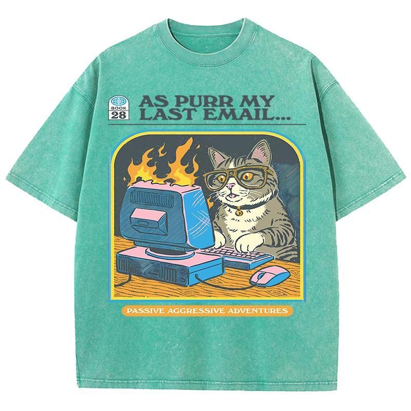 Cat Playing Computer GamesPrint Snow Wash T Shirt Man Unisex Washed Tees Casual Shortwear Soft Breathable Cotton Clothes
