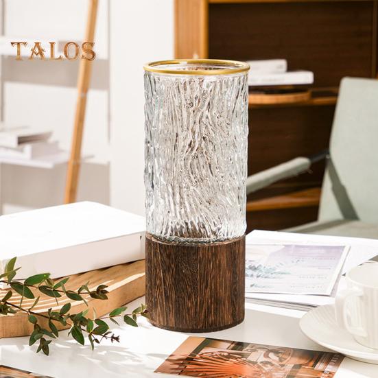 Klar Glass Sylinder Blomstervase med Trebunn Rustikk Bryllupsfest Spisebord Midtpunkt Hydroponisk Blomsterholder Gjennomsiktig Plantebeholder