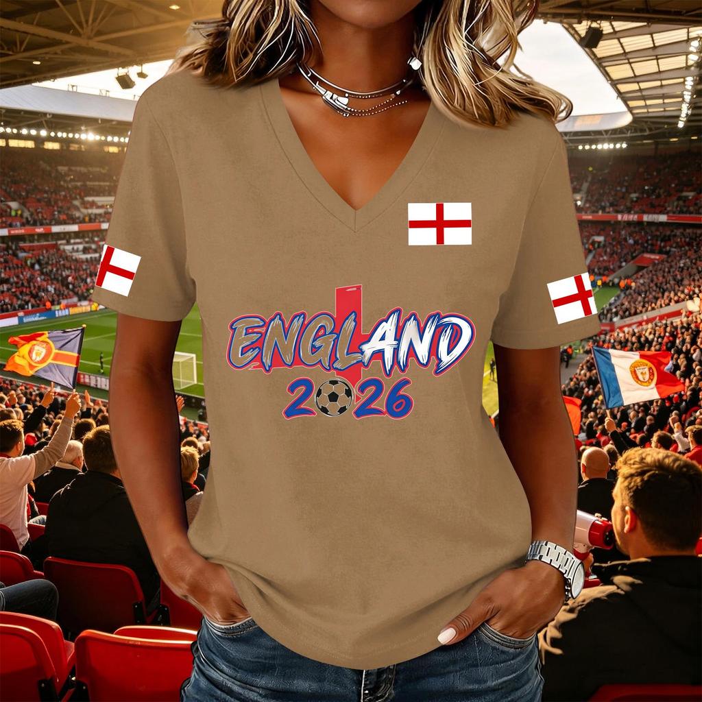 Damen Lässiger Pullover mit V-Ausschnitt und kurzen Ärmeln Fußball-Fan-T-Shirt mit England-Flaggen-Aufdruck Leicht Bequem
