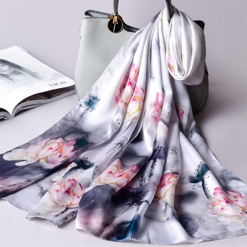 Women 100% Real Silk Long Scarf Luxury Flower Print Chinese Silk Headband Scarves  Natural Silk Shawls Wraps Foulard Femme