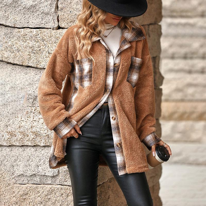 Turndown Collar Plaid Plush Jacket Women's Single Breasted Long Sleeved Coat Medium Length Loose Warm Outerwear Autumn and Winter New Fashion