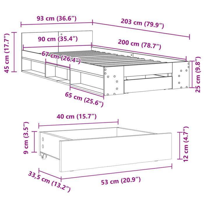 VidaXL Cadre de lit et tiroir sonoma gris 90x200 cm bois d'ingénierie, lit, lit de rangement, cadre de lit simple, lit 3280802