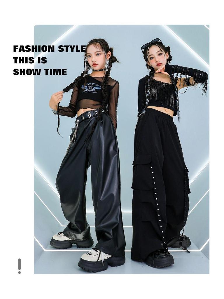 Completo da ballo jazz da ragazza: Top Corto a Maniche Lunghe in Rete con Bretelle, Costume da Esibizione Streetwear e da Passerella