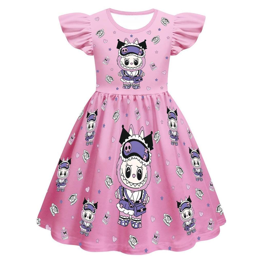 New Children'S Dress Cosplay Labubu Girls Flying Sleeve Skirt 3D Digital Printing