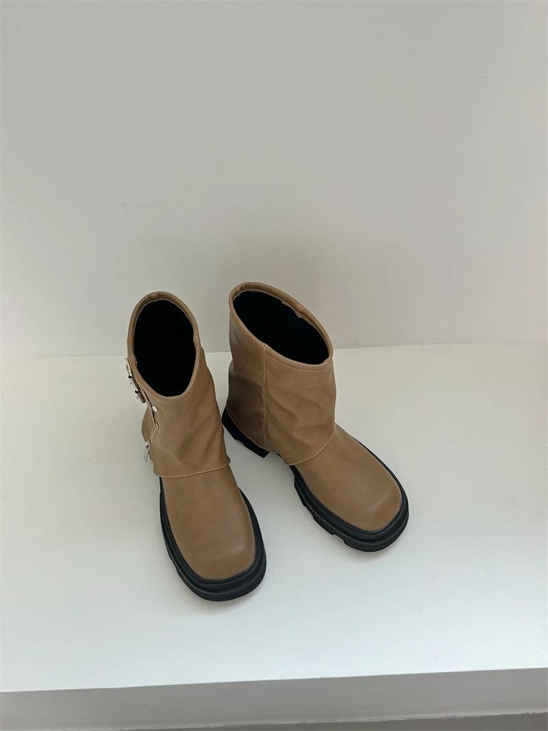 

2025 New Mid Calf Height Increasing Chain Boots Belt Buckle Round Toe Women Boots Fashion Casual Party Autumn Arrivals Boots 35