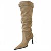 Sexy Pointed Suede Pleated Piled Boots Women's High Heel Fashion Belt Buckle Tall Thin Boots Thin Heel European and American Boots