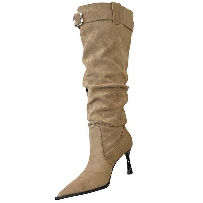 Sexy pointed suede pleated piled boots women's high heel fashion belt buckle tall thin boots thin heel European and American boots