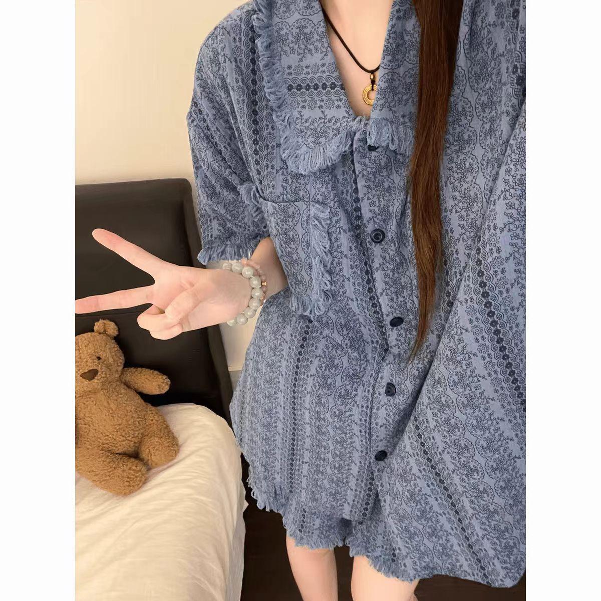 Blue high-end tassel girl pajamas summer cardigan lace short-sleeved shorts set high-end loungewear S