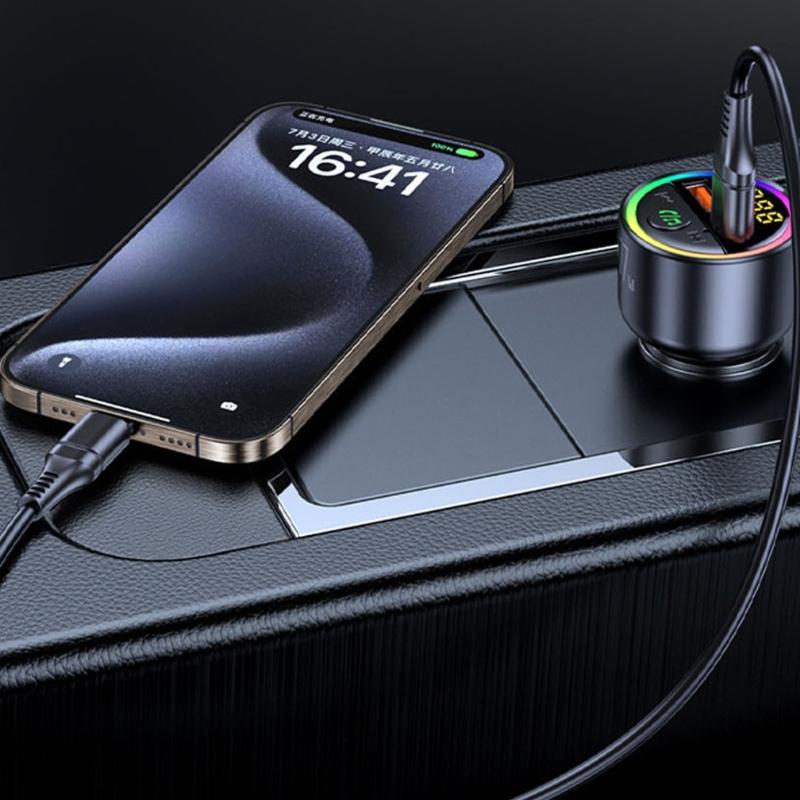 77W Bluetooth-compatible 5.4 FM Transmitter Car Adapter 65W+12W Fast Charging Car Adapter Call Sound LED Display