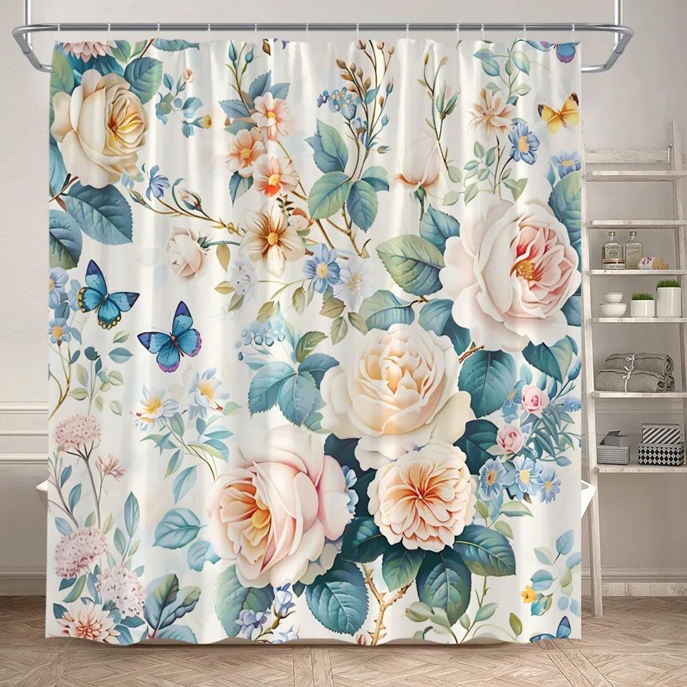 Floral Shower Curtains Boho Flowers Plant Watercolour Art Modern Polyester Fabric Bathroom Curtain Bathtub Decor Set With Hooks