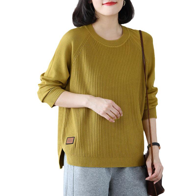 2025 Women's Plus Size Korean-Style Slimming Knit Sweater – Round Neck, Loose Fit, Solid Color for Spring & Autumn.