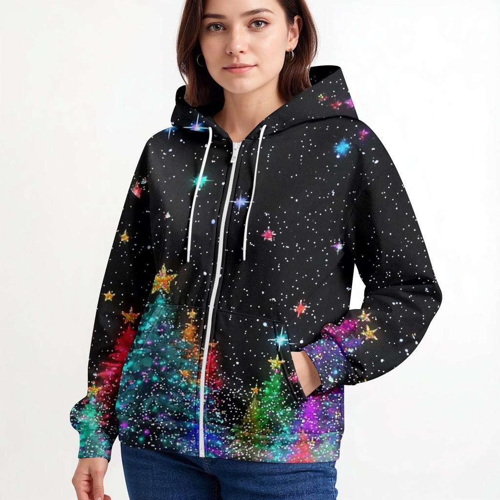 Women's Casual Fashion Long-Sleeved Zip-Up Christmas Print Knitted Hoodie
