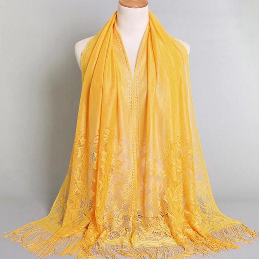 Women Fashion Elegant Solid Color Lace Hollow Tassel Muslim Scarf Headscarf